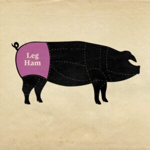 A diagram showing the cuts of meat from a pig, this one highlights the leg ham