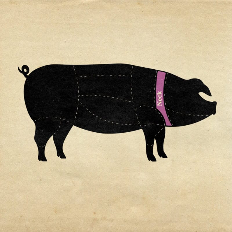 A diagram showing the cuts of meat from a pig, this one highlights the neck