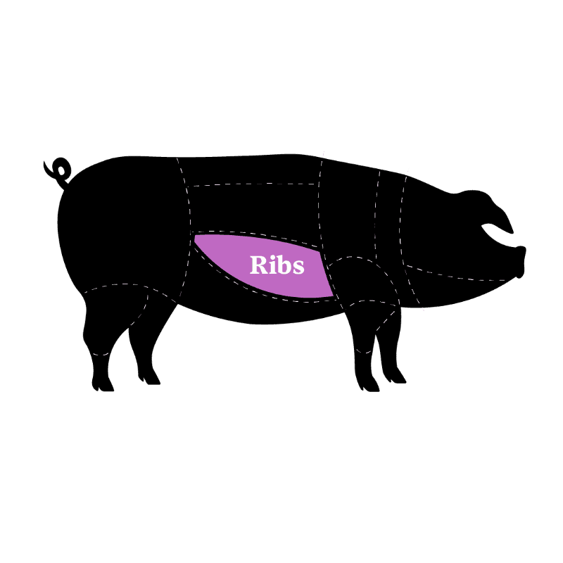 A diagram showing the cuts of meat from a pig, this one highlights the Ribs