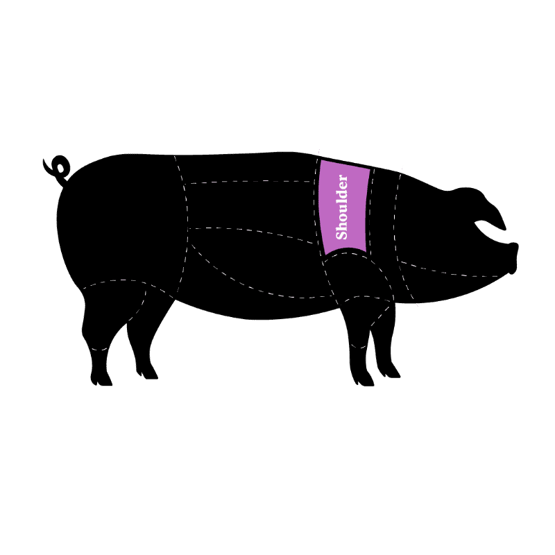 A diagram showing the cuts of meat from a pig, this one highlights the shoulder