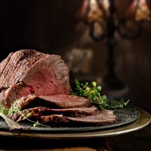 Topside of beef served on a metal plate