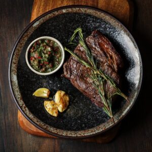 Cooked rump steak on a plate.