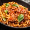 Close up shot of Spaghetti Bolognese in a bowl