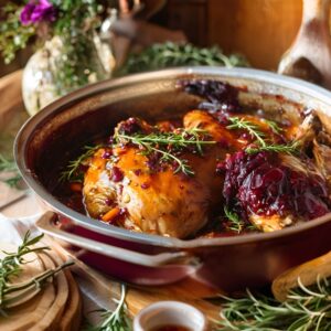 Cooked braised chicken leg with red wine and thyme