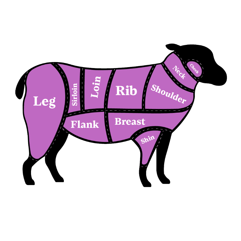 A clear diagram showing the cuts of meat from a sheep and or lamb